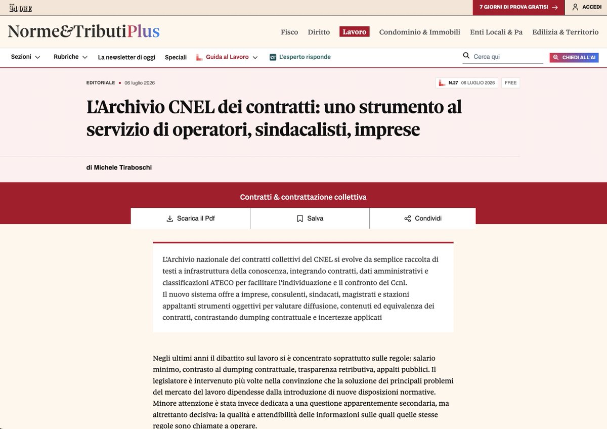 MicheTiraboschi's tweet photo. Nel rinnovato portale istituzionale del Consiglio Nazionale dell'Economia e del Lavoro (@CNEL_it) l'Archivio nazionale dei contratti collettivi di lavoro cambia prospettiva. Non più soltanto un patrimonio documentale (i mitici mille contratti depositati), ma una vera infrastruttura pubblica di servizio, pienamente accessibile, che rende la contrattazione collettiva meglio conoscibile, confrontabile e utilizzabile da consulenti del lavoro, imprese, organizzazioni sindacali, stazioni appaltanti, studiosi e operatori del mercato del lavoro. 
Per Norme&TributiPlus del @sole24ore, open access, una mia riflessione sul senso e sulle ricadute operative della nuova organizzazione dell'Archivio, un work in progress che finalmente ha preso forma grazie al collegamento strutturale tra codici contratto e codici Ateco: https://t.co/pG3zW1An4x