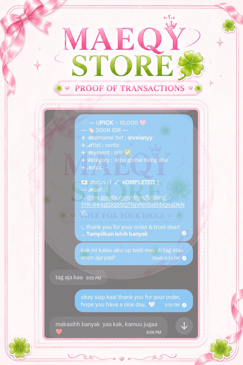 maeqystore's tweet photo. @qrvtyr @veveenaa ⌇ 123 ⌇

🔖 — T𝙀𝙎𝙏𝙄𝙈𝙊𝙉𝙄 ⌇ ۶ৎ
↳ 𝓞rder 𝓑y : @vxianyy 
↳ 𝓢tatus : ⌇ 𝘾𝙊𝙈𝙋𝙇𝙀𝙏𝙀𝘿 ✓ ⌇
— #CORTIS - 10,000 🩷 (+bonus)

#MaeqyProofT https://t.co/QcdXsfiNfH