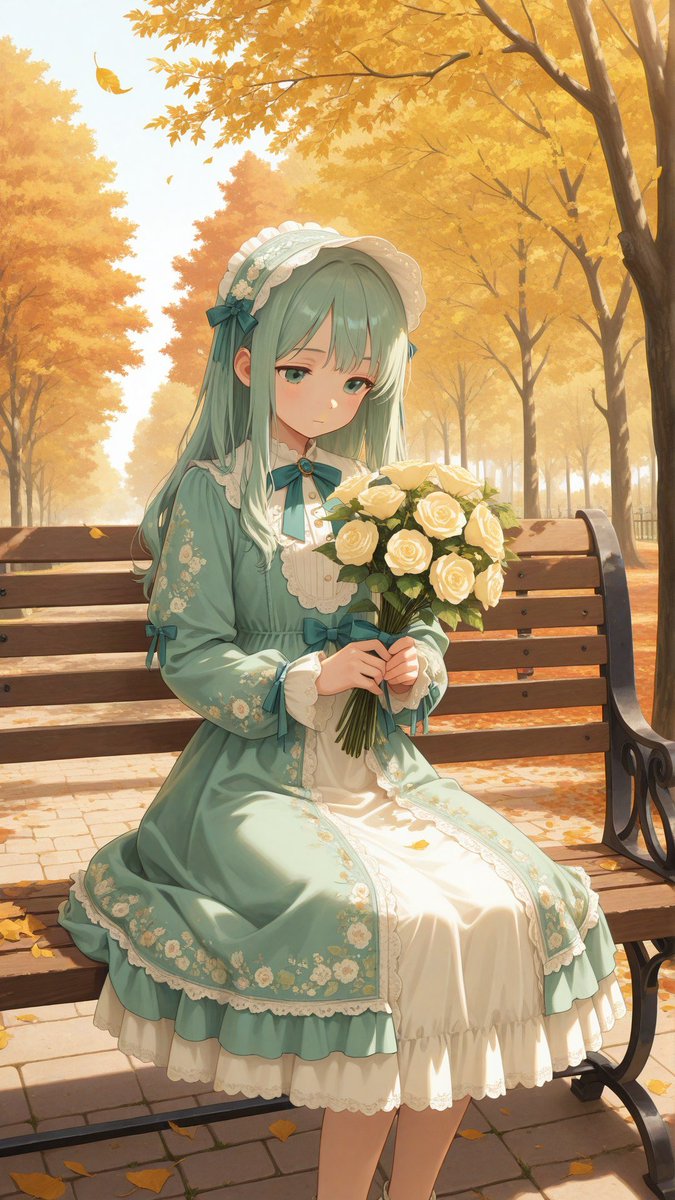 i214's tweet photo. A girl in a vintage teal dress with floral embroidery sits on a park bench holding a bouquet of white roses, surrounded by golden autumn trees and falling leaves in a quiet, nostalgic moment.

#autumn #lolita #whiteflowers #animeart #nostalgia https://t.co/ng9aiJxXHX