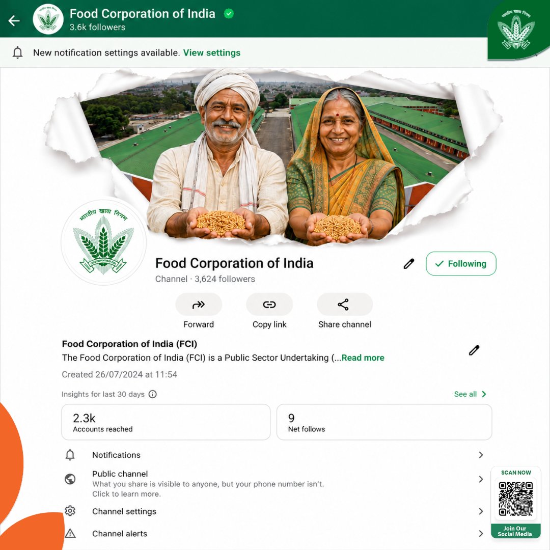 FCI_India's tweet photo. यह तस्वीर सिर्फ दो किसानों की नहीं, बल्कि उस अटूट भरोसे की है जो किसान और FCI को एक मजबूत साझेदारी में जोड़ता है।🌾 
हर मौसम की मेहनत, हर दाने की अहमियत और हर जिम्मेदारी को निभाते हुए FCI किसानों के साथ मिलकर देश की खाद्य सुरक्षा को सशक्त बनाता है। 🇮🇳

📲 FCI की आधिकारिक जानकारियाँ और महत्वपूर्ण अपडेट्स सबसे पहले पाने के लिए हमारे WhatsApp Channel को Follow करें।

@mygovindia @fooddeptgoi @PIB_India @JoshiPralhad
@Nimu_Bambhaniya @blvermaup
#FCI #FoodSecurity #Farmers #WhatsAppChannel #ProfileTearTrend