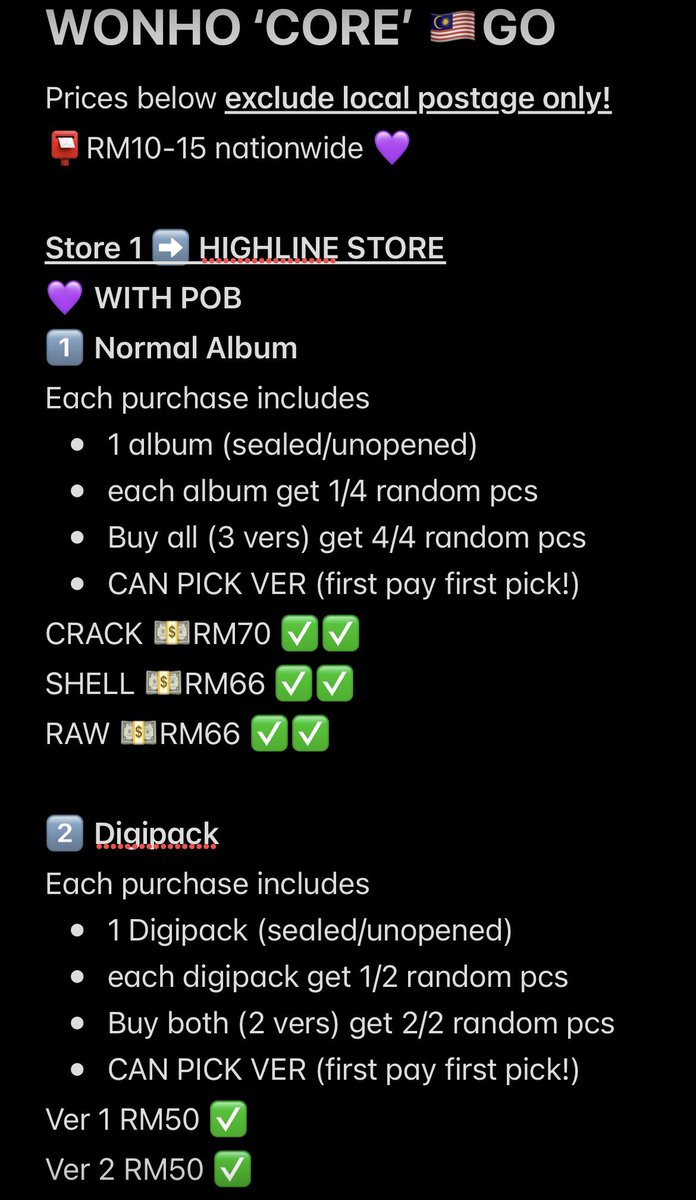 azlynalishaa's tweet photo. 🇲🇾MYGO WTS WONHO ‘CORE’ GO
STORE 1️⃣ HIGHLINE STORE
💵Prices as stated~
📮 excluding local postage only!
📆 ETA Mid August!
DM if interested~
#pasarmx #pasarmonstax #pasarwonho https://t.co/L3fYeVstOI