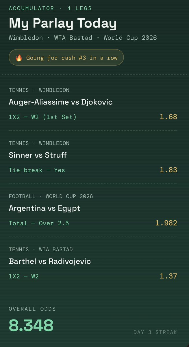 TommyBets1's tweet photo. This is my parlay for today🤑
#wimbledon #tennistipster #worldcup https://t.co/j8L3W7wtZe