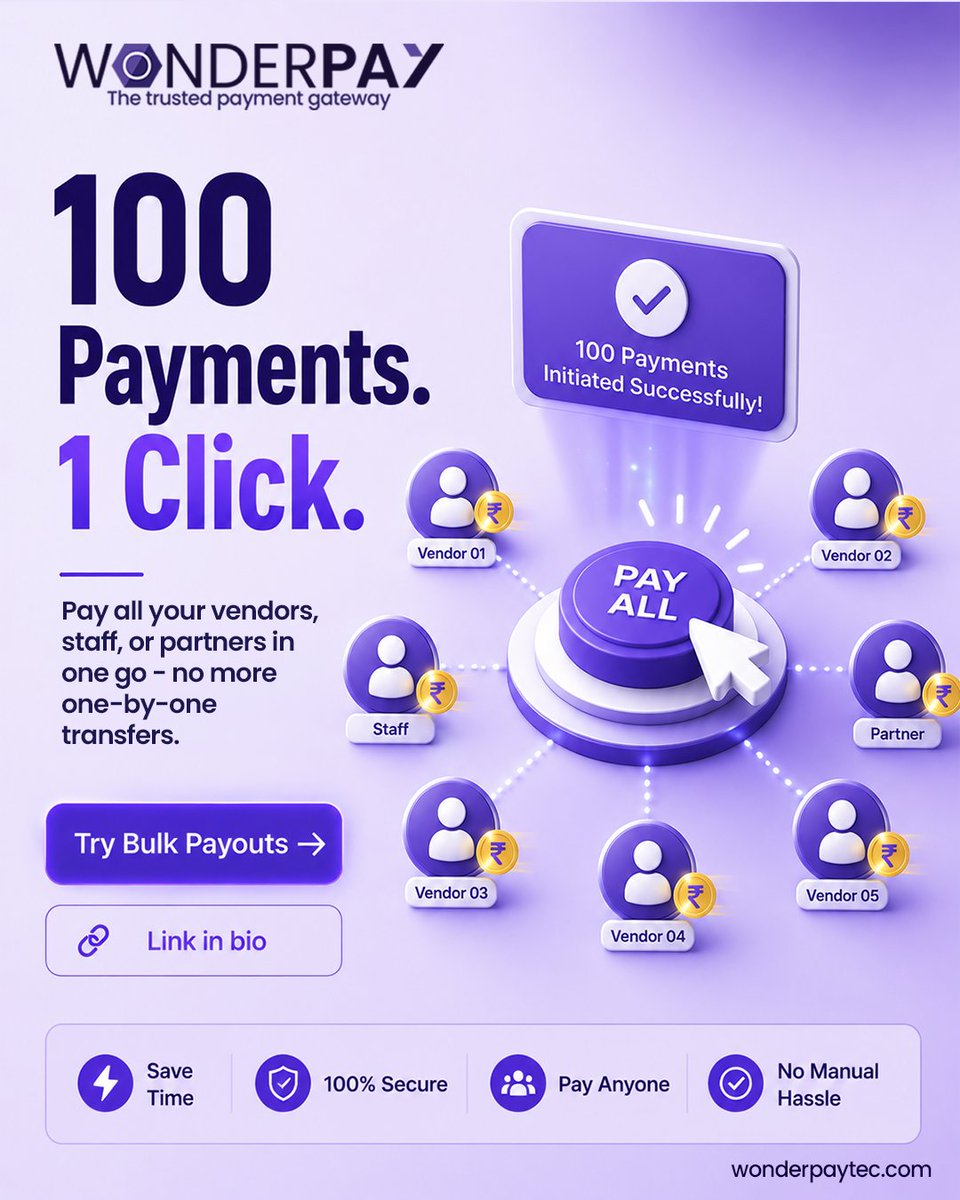wonderpaytec's tweet photo. Still paying everyone one by one?

With Wonderpay Bulk Payouts, pay vendors, employees, freelancers, and partners in one click. 

Faster operations, fewer manual tasks, and secure payouts every time.

Scale payments, not workload.

#BulkPayouts #Fintech #BusinessPayments https://t.co/5HcosUlg8S