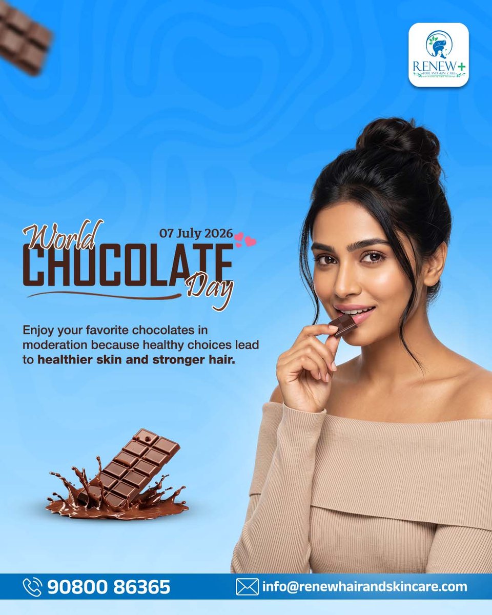 Renewplus_HS's tweet photo. 🍫 Happy World Chocolate Day! 🍫
A little chocolate can sweeten your day—and healthy habits can keep your skin glowing and hair strong. ✨
Hair Care &amp; Skin Care from Renew Plus Hair &amp; Skin Care.
📞 90800 86365
🌐 https://t.co/aEXYUWYXpy
#WorldChocolateDay #HealthySkin https://t.co/Etl7Ic4Xu0