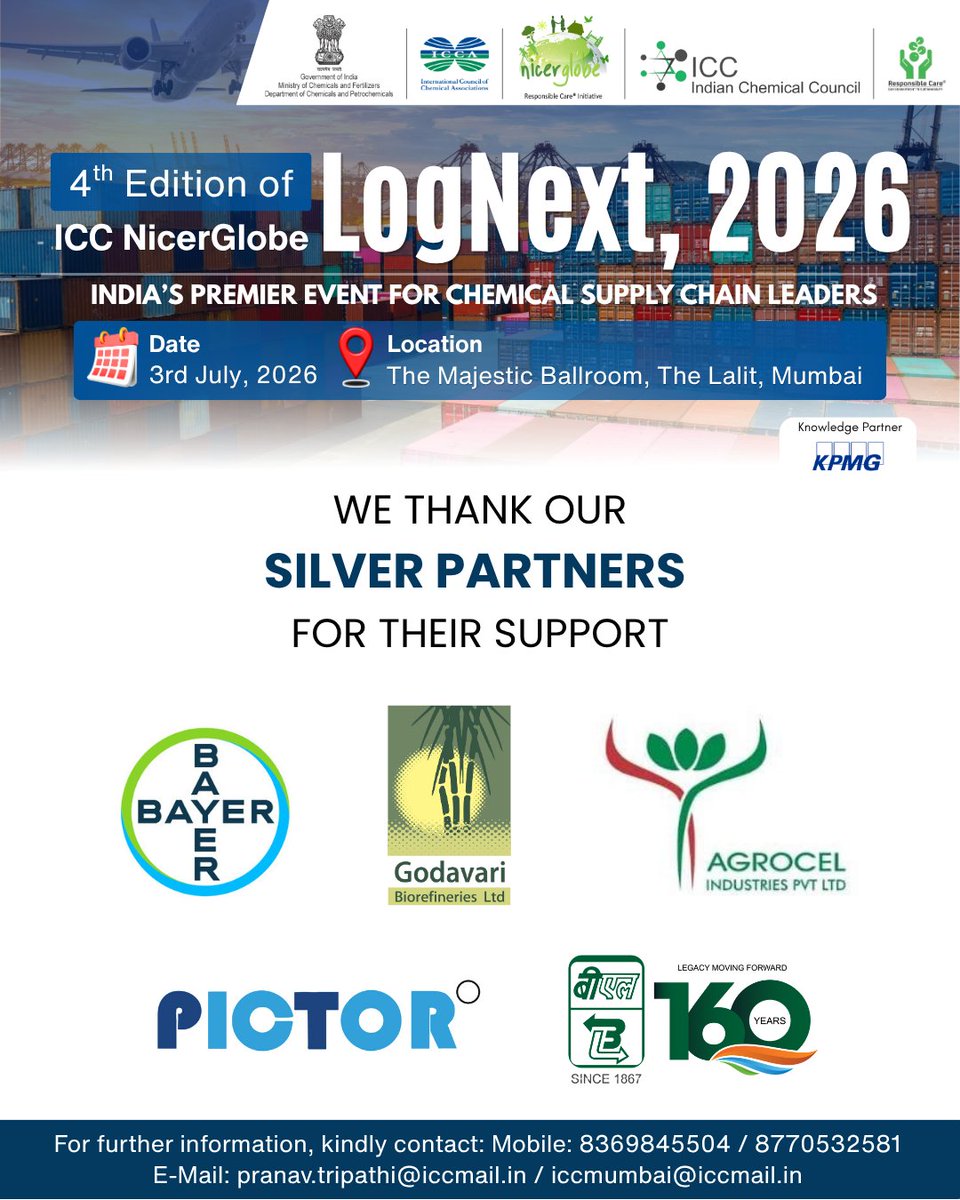 icc_india's tweet photo. We extend our heartfelt gratitude to our Silver Partners, @Bayer, @PictorOfficial, @Agrocel and @Balmer_Lawrie, for their invaluable support in making ICC NicerGlobe LogNext 2026 a successful and impactful event.

For details: 8369845504 / pranav.tripathi@iccmail.in

@KPMGIndia https://t.co/stb1oZLehH