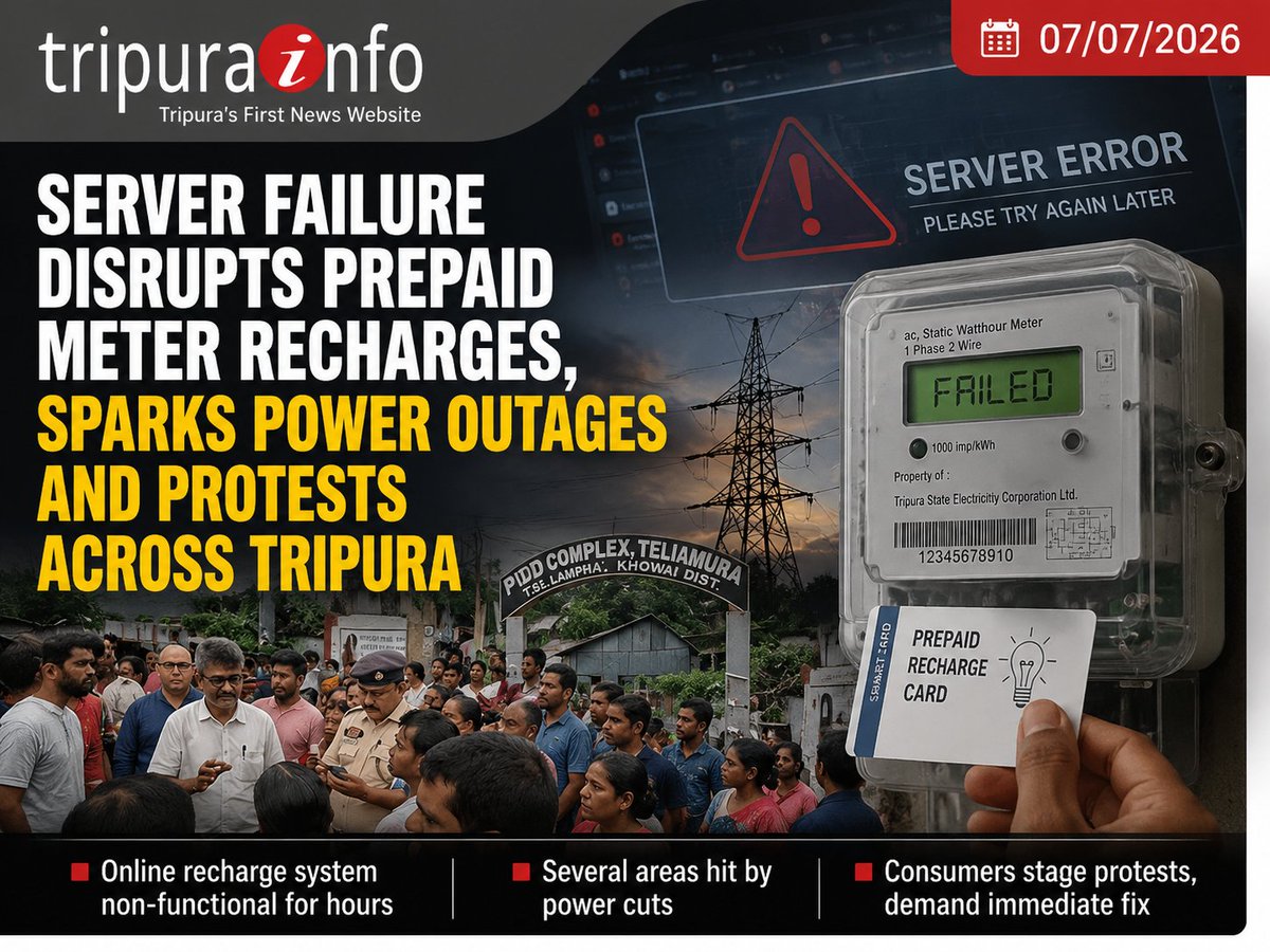 tripurainfo's tweet photo. Server Failure Disrupts Prepaid Meter Recharges, Sparks Power Outages and Protests Across Tripura
#Tripura #TripuraNews #PowerOutage #ServerFailure #PrepaidMeter #ElectricityCrisis #PowerCrisis #TripuraElectricity #ConsumerProtest #TSECL #Agartala 
https://t.co/DJhjgqfLGa https://t.co/jcxLrihVWG
