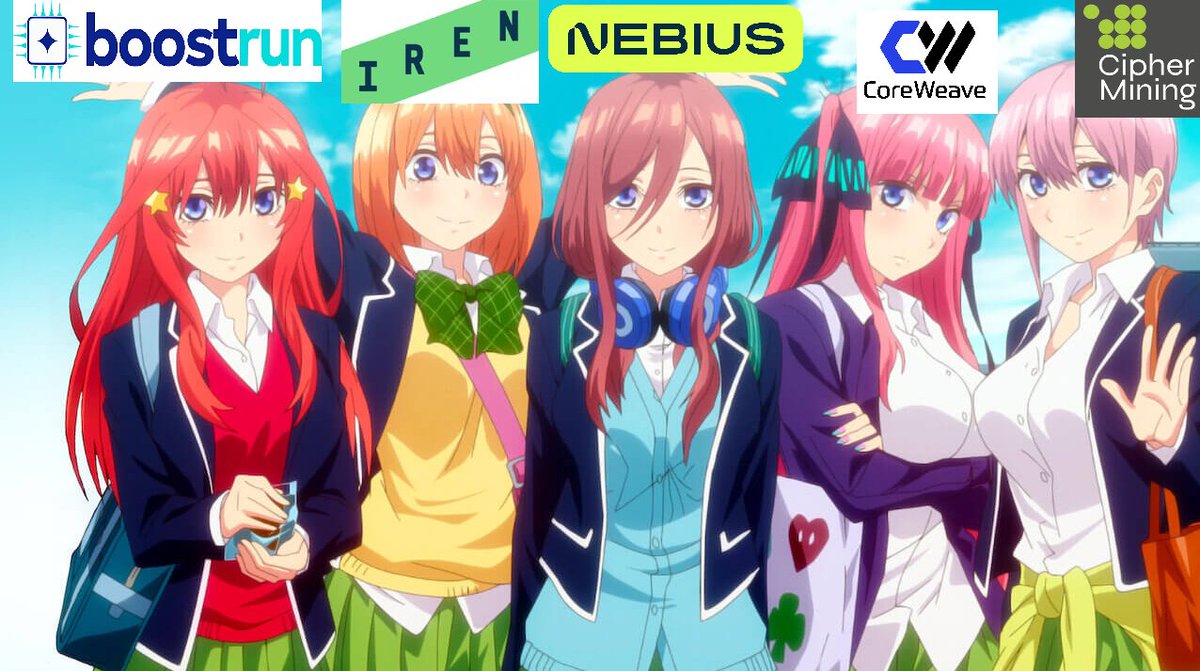 soulbiri1's tweet photo. Neocloud stocks and which member of the Nakano sisters from the Quintessential Quintuplets anime they are:

Miku : $NBIS - Best girl. Quietly brilliant, long underestimated but the deepest thinker of the group. Has amazing character development reflecting the transformation from Yandex to the premier full stack AI cloud. Her passionate obsession with Sengoku era generals mirrors $NBIS focus on execution.

Nino : $CRWV - Loud, aggressive, and confident. Large institutional backlog by big name hyperscalers mirrors Nino's boldness and pride. The first big mover in the neocloud space and with romantic developments with Fuutarou.

Yotsuba : $IREN - The most energetic member of the group, reflecting $IREN's large secured energized capacity. But notoriously has the worst grades of the sisters and struggles academically.

Ichika : $CIFR - Adaptable and pragmatic. An aspiring actress much like $CIFR aspiring to transform from mining company into AI infrastructure through colocation.

Itsuki : $BRUN - The youngest of the quintuplets, still figuring out her identity, but a lot of her story will be written by future execution.