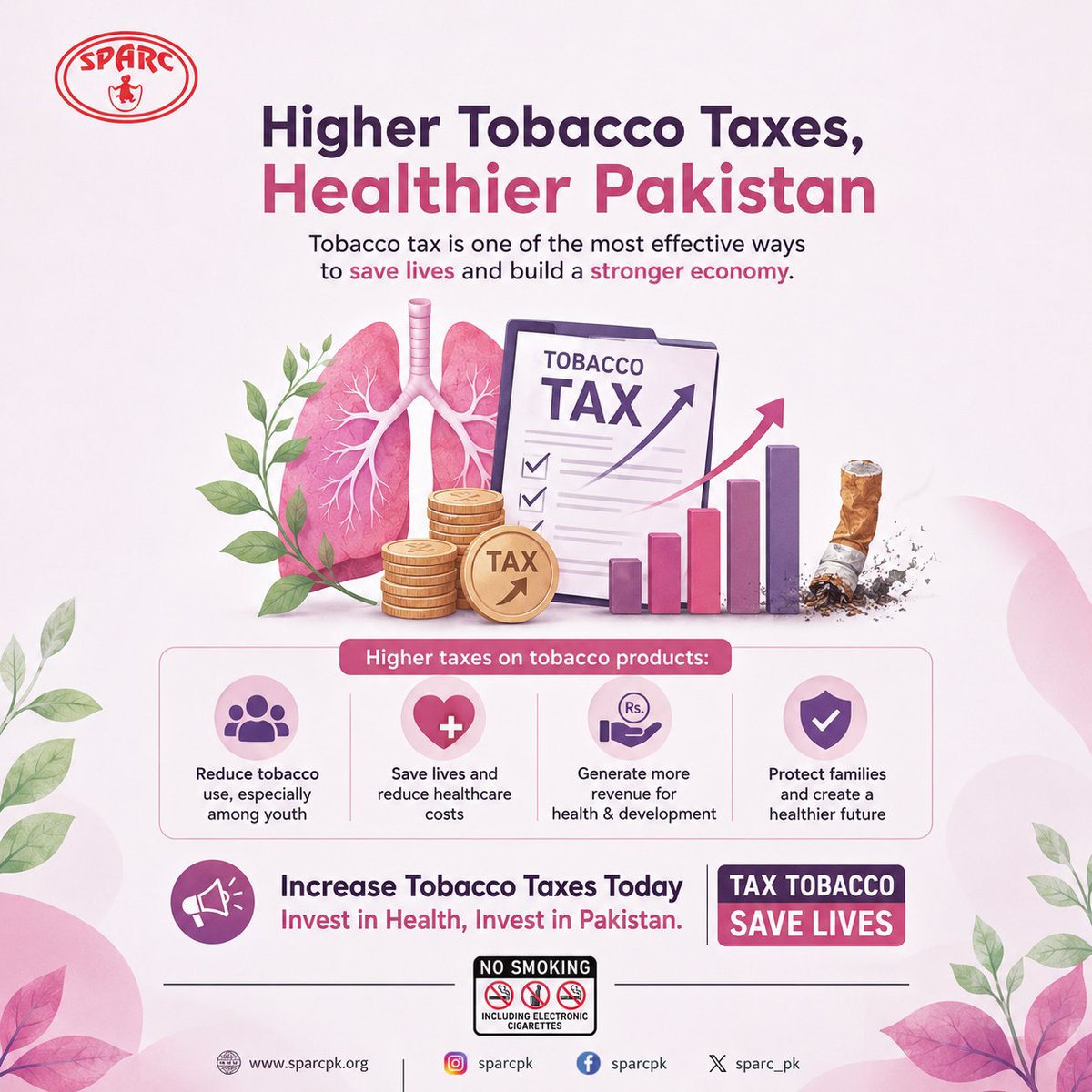 SPARC_PK's tweet photo. Higher tobacco taxes = healthier lives 💜
Reduce smoking, save lives, and build a stronger Pakistan. 🇵🇰
#TaxTobacco #HealthFirst #SmokeFreePakistan https://t.co/6U4mwtln0w