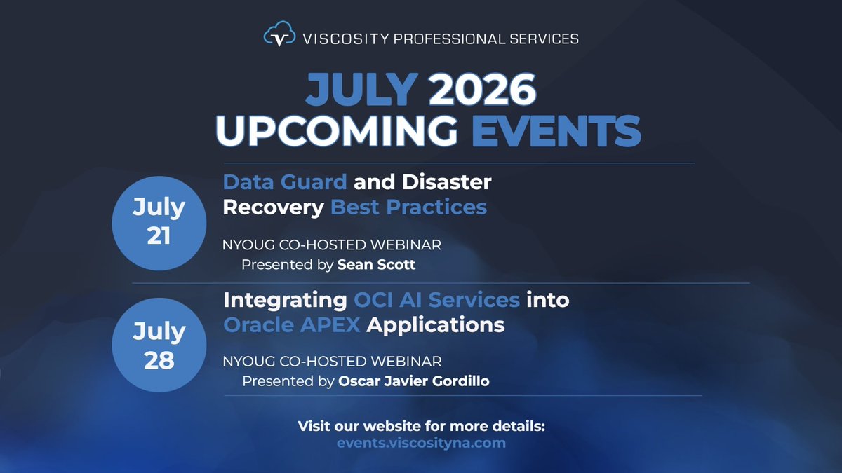 OraPubInc's tweet photo. July 2026 lineup ☀️
• "Data Guard & Disaster Recovery Best Practices" with #ACED Sean Scott
• Build AI-powered #orclapex apps with Oscar Javier Gordillo in "Integrating OCI AI Services into Oracle APEX Applications."
See the full agenda: https://t.co/UWKloImWpX https://t.co/wL3HSlAV1z
