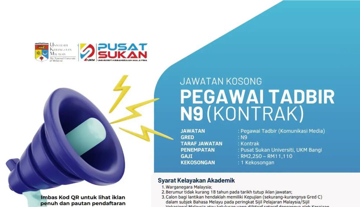 Peluangkerjaya's tweet photo. UNIVERSITI KEBANGSAAN MALAYSIA (UKM)

JAWATAN :
* Pegawai Tadbir N9

⏩ Tarikh Tutup : 13 Julai 2026
.....................................................
Iklan Lengkap &amp; Cara Memohon : https://t.co/U7cHvKbS6L
.................................................... https://t.co/VGkT6u0IqJ