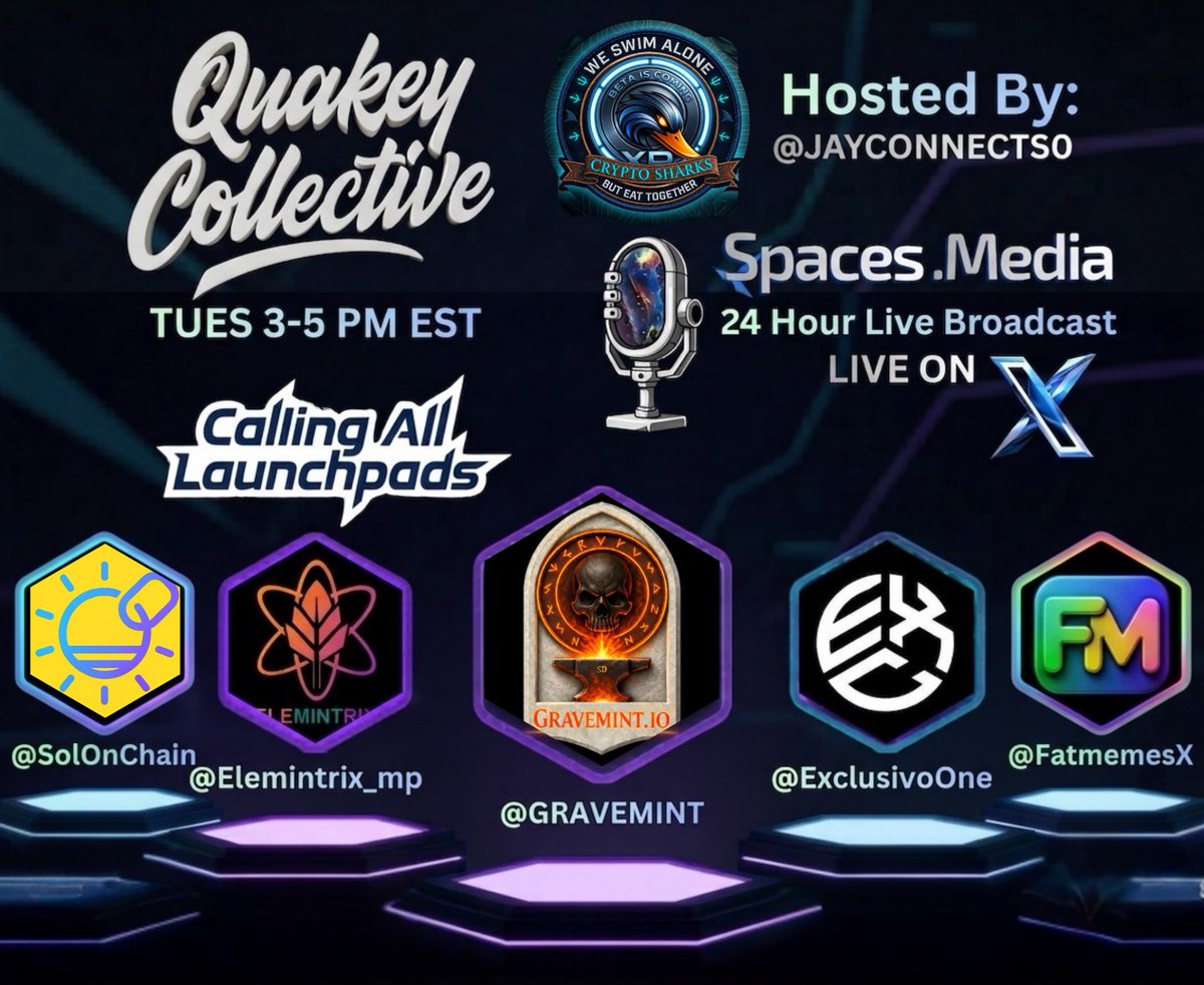 Spaces_MediaLLC's tweet photo. 🎙️ JAY CONNECTS CALLING ALL LAUNCHPAD🦆 
⏰ TUESDAYS 
12-2pm PST
3-5 PM EST 

@JayConnects0 @QUAKEYOFFICIALX @gravemint @FatmemesX @ExclusivoOne @Elemintrix_mp @SolOnChain https://t.co/4p1EsH77fS