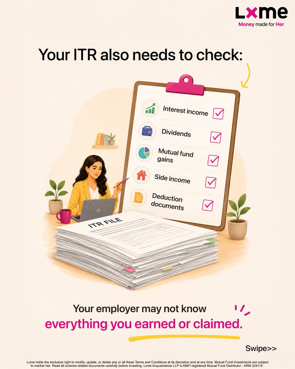 Lxmeofficial's tweet photo. Form 16 is important, but it is not the whole picture.
Your ITR may still need details your employer does not track, like interest income, dividends, mutual fund gains, side income, HRA proof, and deduction documents.
One missed detail can lead to a mismatch.

#Lxme #MainLxmeHoon https://t.co/igK4Oq6fk6