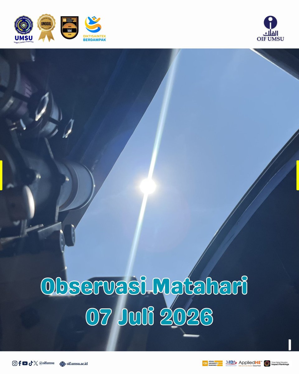 OIFUMSU's tweet photo. Selasa, 22 Muharram 1448 H / 07 Juli 2026, seorang mahasiswa Program Studi Ilmu Falak FAI UMSU melaksanakan observasi Matahari di Observatorium Ilmu Falak (OIF) UMSU pada pukul 11.03 WIB menggunakan teleskop William Optic GT102 dan kamera Nikon D7100. https://t.co/wrRTuBRLT8