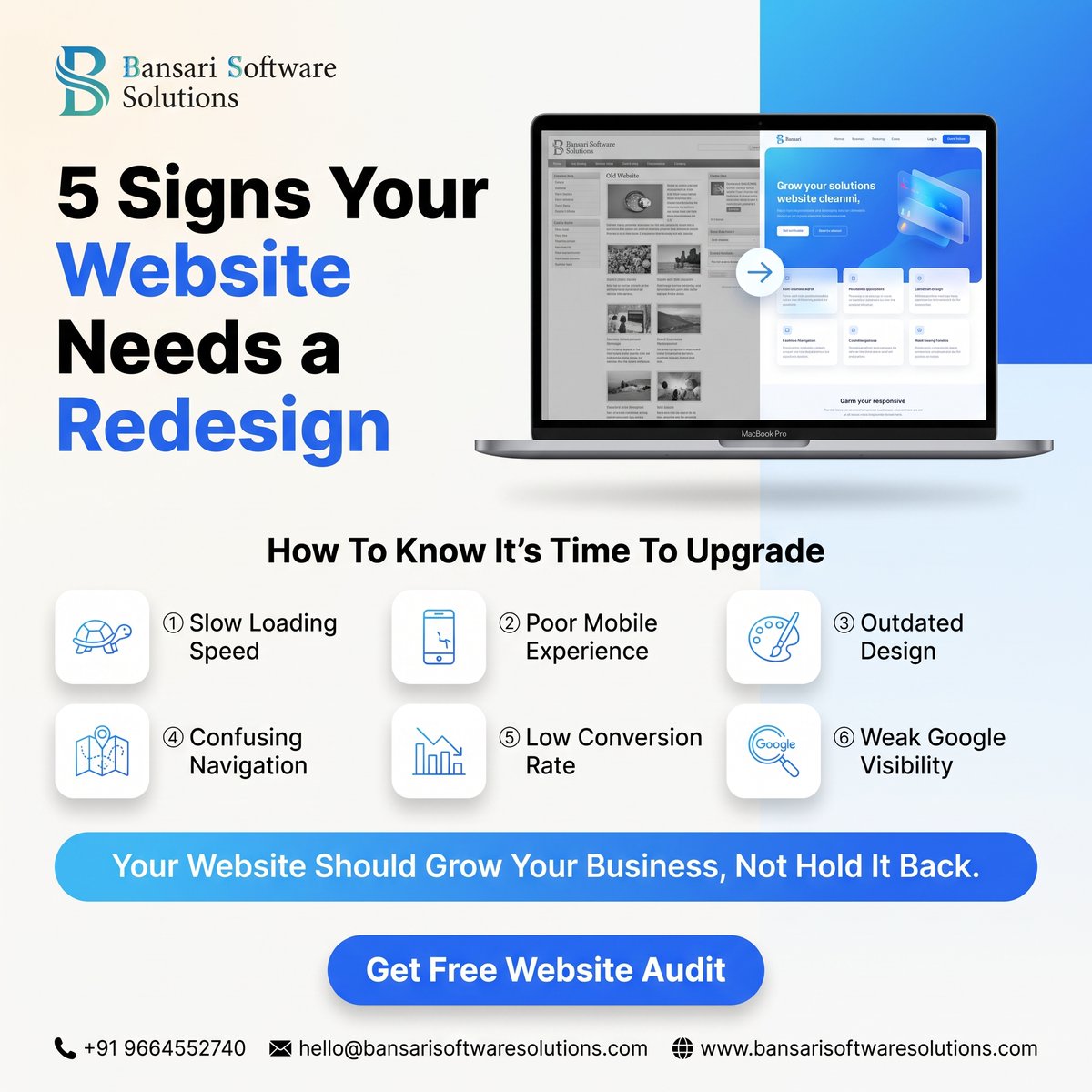 BansariSoftware's tweet photo. Is your website costing you customers?

5 warning signs:
• Slow speed
• Poor mobile experience
• Outdated design
• Confusing navigation
• Low conversions
🚀 Get a FREE Website Audit today.
#WebsiteDesign #SEO #BusinessGrowth #WebDevelopment https://t.co/BxjhnenOQV
