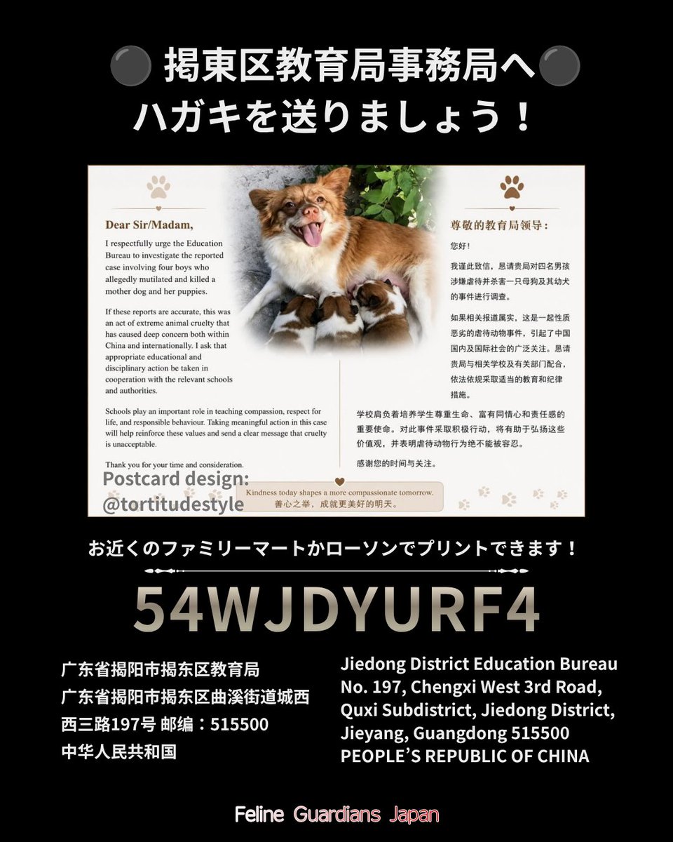 FGuardiansJapan's tweet photo. ハガキアクションに #ご協力お願いします
#拡散希望です 

⚫︎ 掲東区教育局事務局へ、小学児童による野良犬の焼却および拷問・殺害の疑いに関する正式な苦情申し立て、および調査の要請を送るハガキアクションを立ち上げました

🔗 自宅でプリント: https://t.co/kuAPlCU9DX
🏪 プリント：54WJDYURF4 https://t.co/nkmMA7xeQM