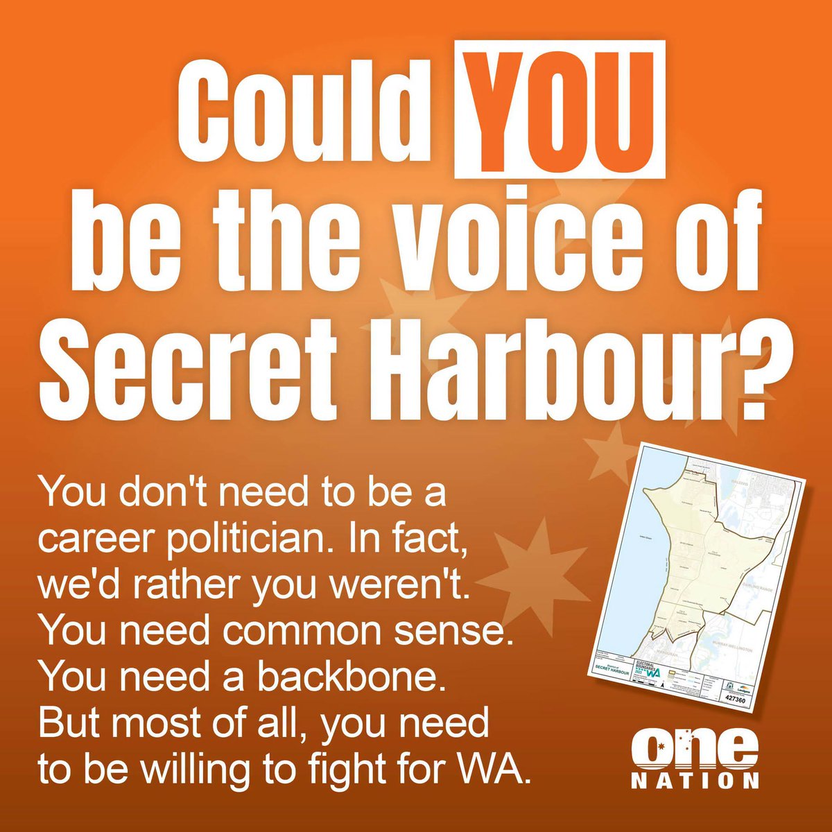 OneNewsAu's tweet photo. 🟠 SECRET HARBOUR, ONE NATION IS HUNTING FOR A CANDIDATE. COULD IT BE YOU? SHARE THIS POST FAR AND WIDE🟠

Labor's Paul Papalia is stepping down, and a by-election is on its way. Labor has held Secret Harbour since 2007 and expects to keep it without breaking a sweat. The people of Secret Harbour deserve better than being taken for granted.

One Nation @RodCaddies and @OZTyronWhitten are looking for a local to stand, and reckons a One Nation candidate has a real chance of winning the trust of this community. The party says the road will be challenging, but you won't walk it alone. Its WA campaign team will be with you every step of the way.

You don't need to be a career politician. In fact, One Nation says it would rather you weren't. What it wants is common sense, a backbone, and someone willing to fight for Western Australia.

No stiff collars, no formalities. Just good, honest conversation and a shared passion for WA. By-elections move fast, and so do the people who change things.

Expressions of interest close soon.

HERE IS HOW YOU CAN HELP TODAY:
Share this post far and wide. If you know anyone in WA, and especially anyone who lives in or near the Secret Harbour electorate, send it to them or tag them in the comments. The next voice of Secret Harbour could be one share away.

Put your hand up here: https://t.co/yLmJMCwbuT

Read more on the history of this seat here: https://t.co/HadlQYsTcE
