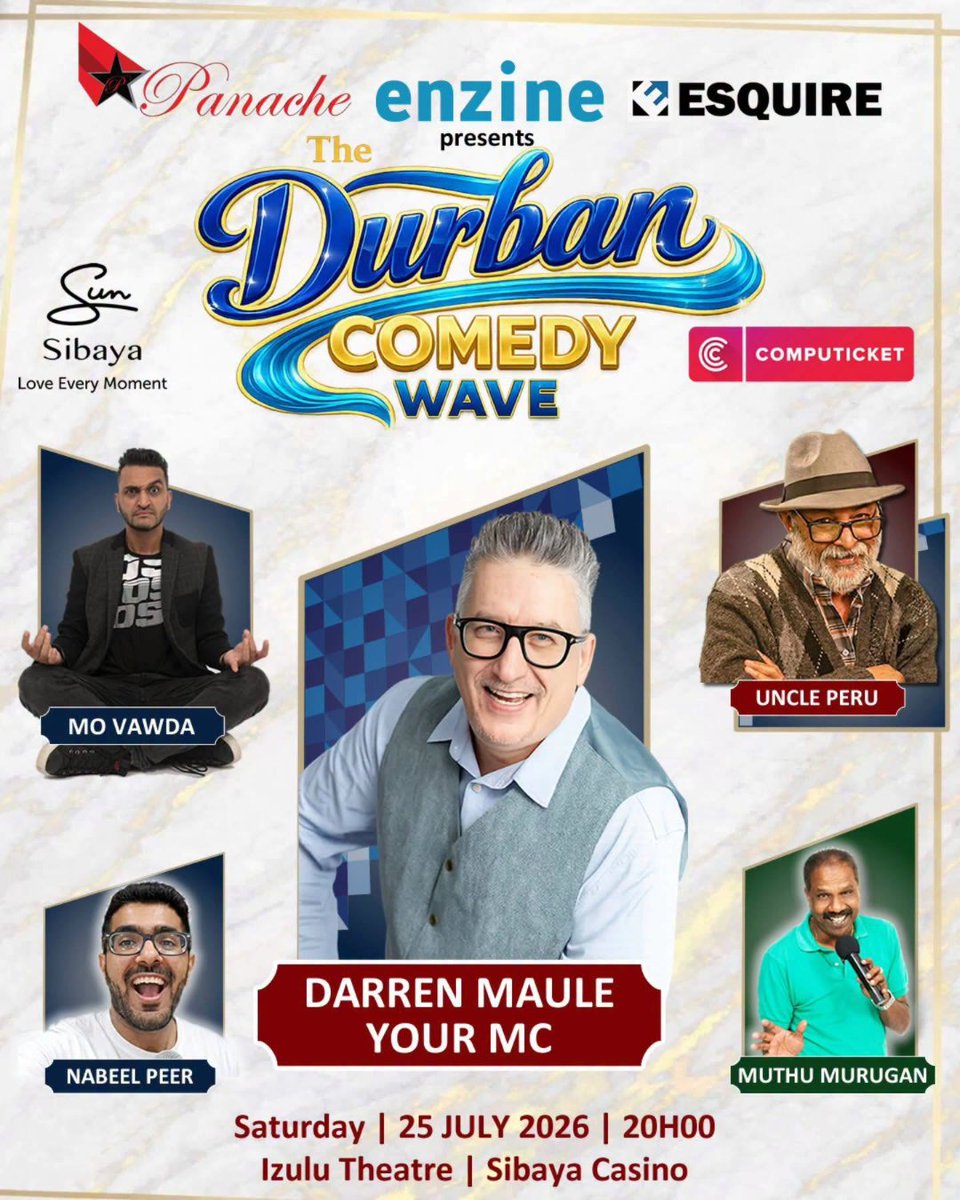 Computicket's tweet photo. 😂 THE DURBAN COMEDY WAVE 😂Non-stop laughs hit the Izulu Theatre with MC Darren Maule! Who are you excited to see? 👇
🎙️ Mo Vawda
👑 Uncle Peru
✨ Nabeel Peer
🔥 Muthu Murugan
🔗 https://t.co/35ErjwdhBS
📍 Durban
🗓️ 25 July
💰 From R200 https://t.co/X86WZJplFy