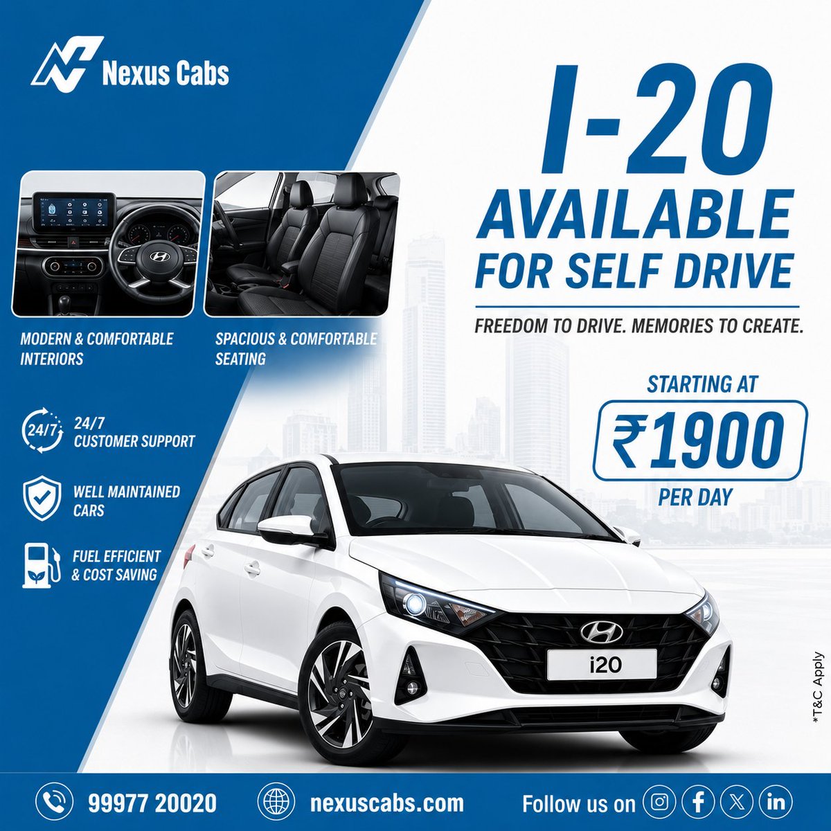 nexus_cabs's tweet photo. City rides, weekend escapes, or long road trips—the Hyundai i20 is ready whenever you are.
📞 99977 20020
🌐 https://t.co/MH3qrceqts
#NexusCabs #SelfDrive #SelfDriveCar #Hyundaii20 #i20 #CarRental #SelfDriveIndia #CarRentalIndia #RentACar #DriveYourWay #RoadTrip https://t.co/CE941LWmaK