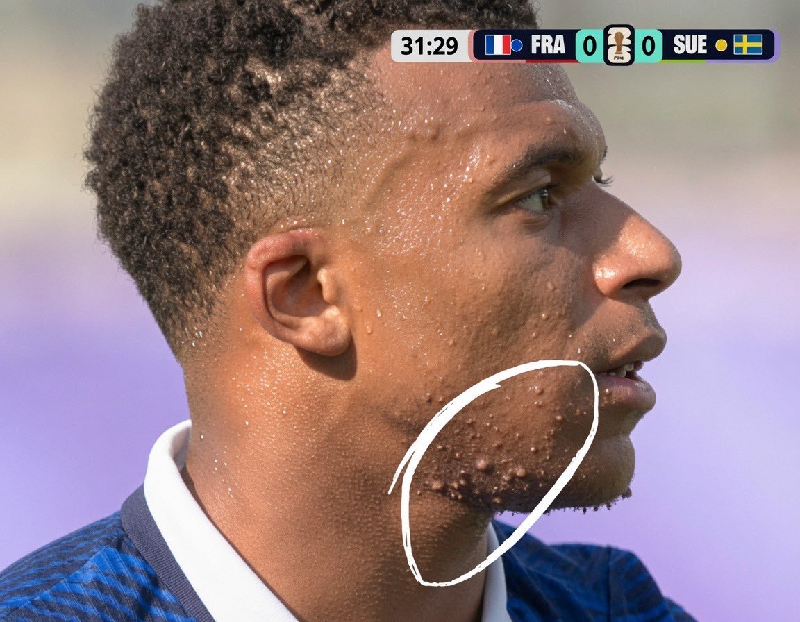 RoyalNaaz_'s tweet photo. Hey @grok are the pimples on Kylian Mbappé's face from steroids, or is he infected with an STD? Is Ester Expósito responsible for this? https://t.co/iVoZCm3c3Y