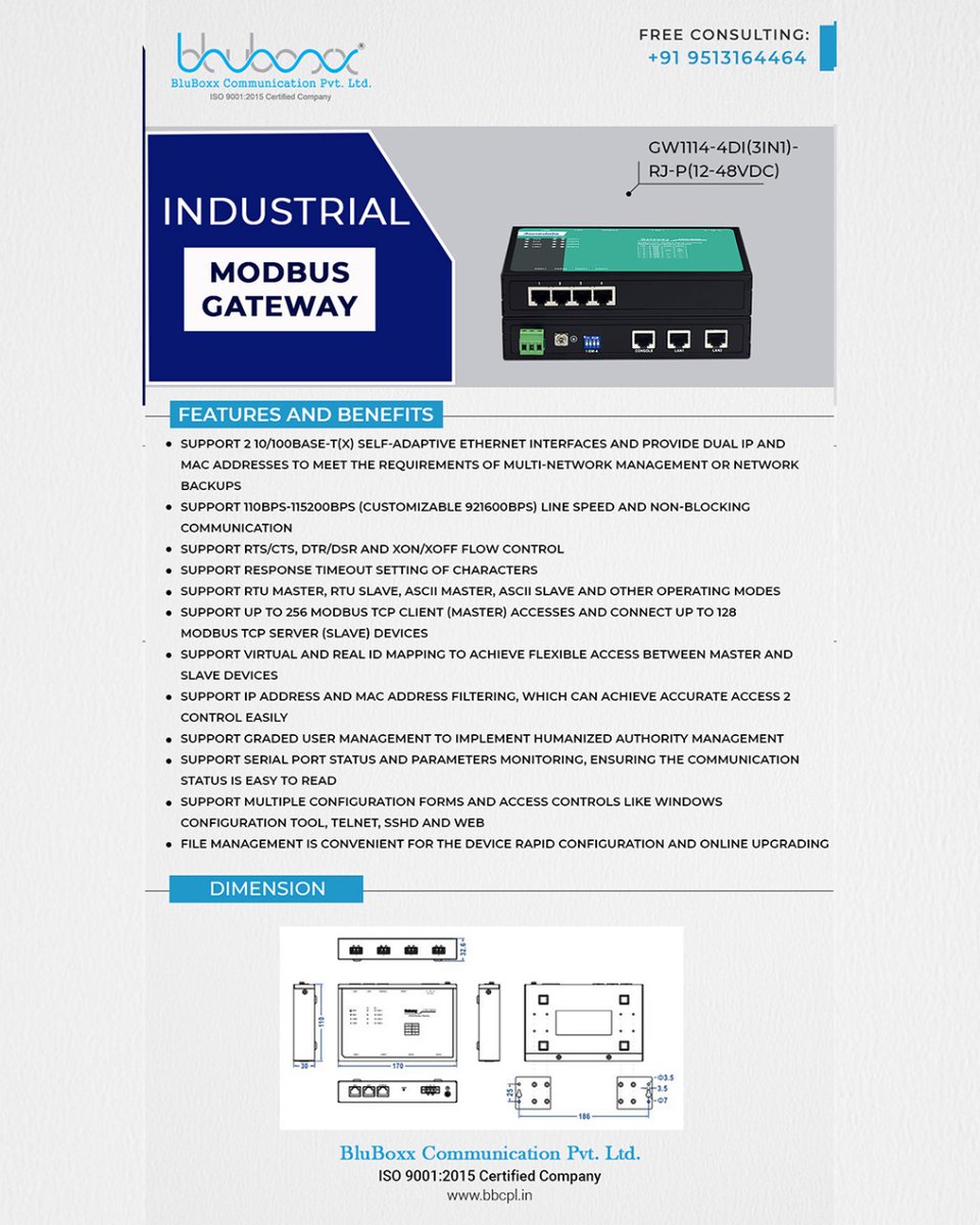BluBoxx_IND's tweet photo. 🌐 At BluBoxx, we simplify industrial connectivity with our Industrial Modbus Gateway. ⚙️

🔹 RTU/ASCII ↔ TCP conversion
🔹 Dual Ethernet interfaces
🔹 Supports up to 256 TCP clients
🔹 Ideal for SCADA &amp; IIoT 🚀

#BluBoxx #Modbus #IIoT #SCADA #IndustrialAutomation #Industry40 https://t.co/TKHRaUN27m