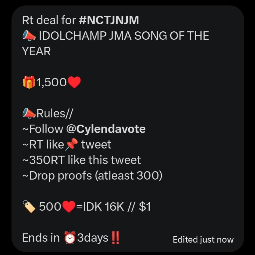 rredwinezz's tweet photo. Rt deal for #NCTJNJM
📣 IDOLCHAMP JMA SONG OF THE YEAR

🎁1,500♥️

📣Rules//
~Follow @Cylendavote  
~RT like📌 tweet
~350RT like this tweet 
~Drop proofs (atleast 300)

🏷️ 500♥️=lDK 16K // $1

Ends in ⏰3days‼️ https://t.co/vfgcgtTQjC