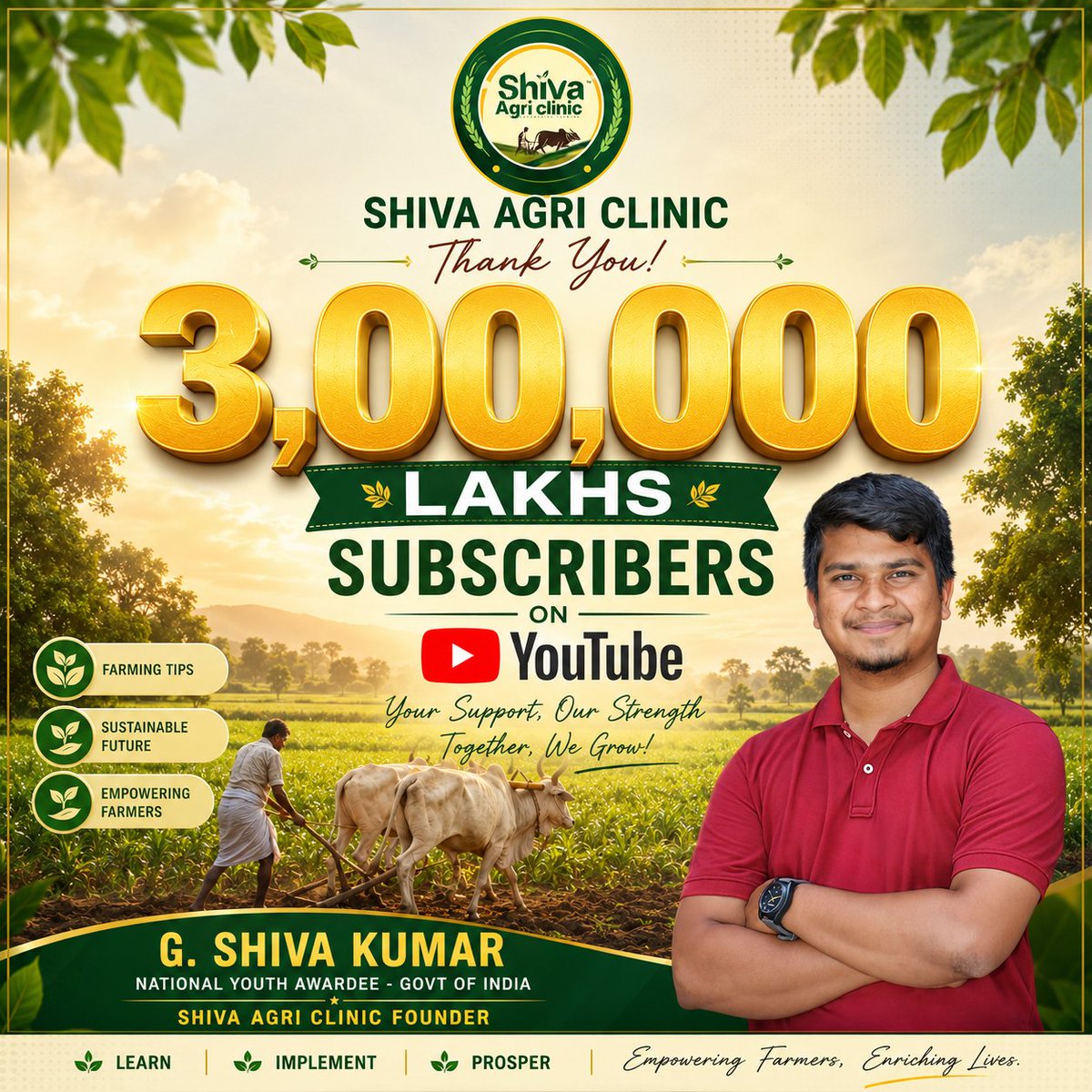 Shiva_kumarG5's tweet photo. Shiva Agri Clinic 300,000 Subscribers on YouTube!
My heartfelt gratitude to every farmer, agriculture enthusiast, and well-wisher who has supported Shiva Agri Clinic throughout this journey. 
#3lakhsubscribers #ShivaAgriClinic #youtube #shivakumargudlanaram https://t.co/2CJ1Tukv70