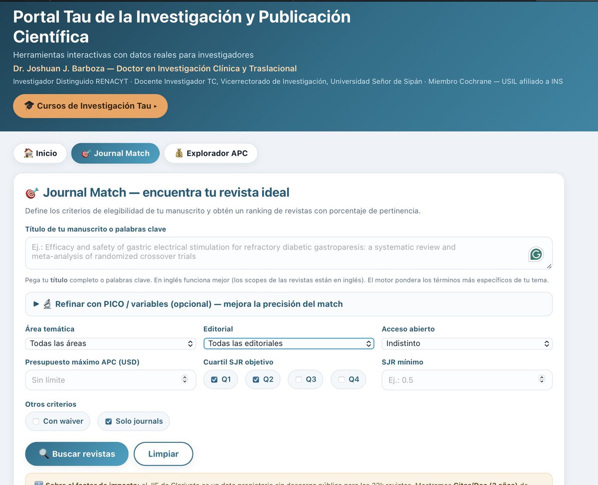 joshuanbarbozam's tweet photo. He creado un portal de investigación Tau, en donde podrán hacer un Match con las revistas potenciales según su tema de investigación. 
contiene a todas las revistas, los APC, tiempos de publicación, H index, cuartil, etc. 

https://t.co/f1UTpxNmL1 https://t.co/CynkkYqdlT