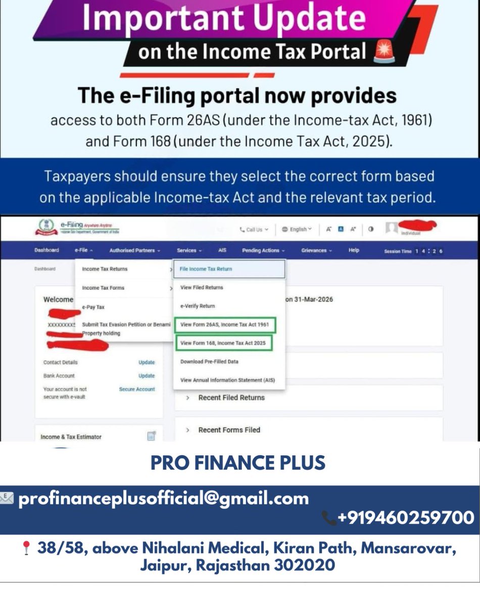 profinanceplus's tweet photo. Important Update for Taxpayers! 🚨
The Income Tax e-Filing Portal now provides access to Form 26AS (Income-tax Act, 1961) and Form 168 (Income Tax Act, 2025)
#IncomeTax #IncomeTaxIndia #ITR #ITRFiling #TaxUpdate #IncomeTaxPortal #Form26AS #Form168 #TaxCompliance #TaxPlanning https://t.co/q69UvOxv0H