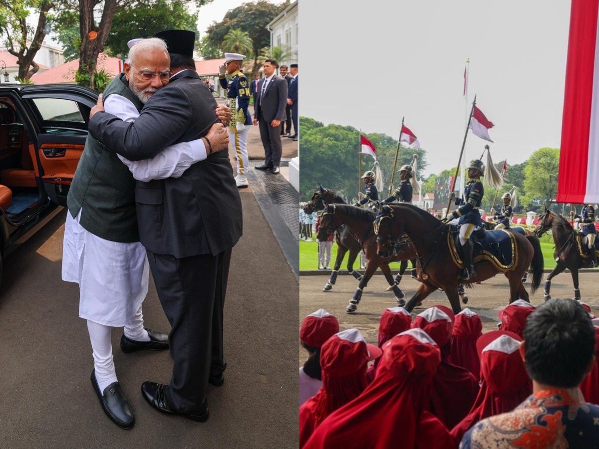 ani_digital's tweet photo. Guards on horseback and a warm embrace: Indonesia welcomes PM Modi with spectacular pageantry
Read @ANI Story | https://t.co/T8Jsu0WZ4Q
#PMModi #Indonesia #StateVisit https://t.co/SO6PmocG4p