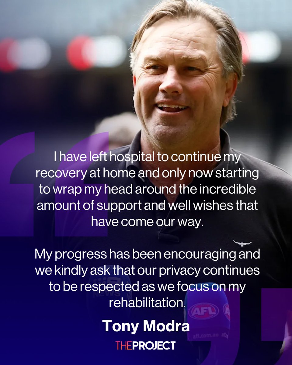 theprojecttv's tweet photo. AFL legend Tony Modra has left hospital and is continuing his recovery at home after a horror truck crash south of Adelaide.

The former Adelaide Crows star thanked the bystanders, emergency crews and medical staff who helped save his life, after undergoing surgery for serious facial injuries sustained in the freak accident.