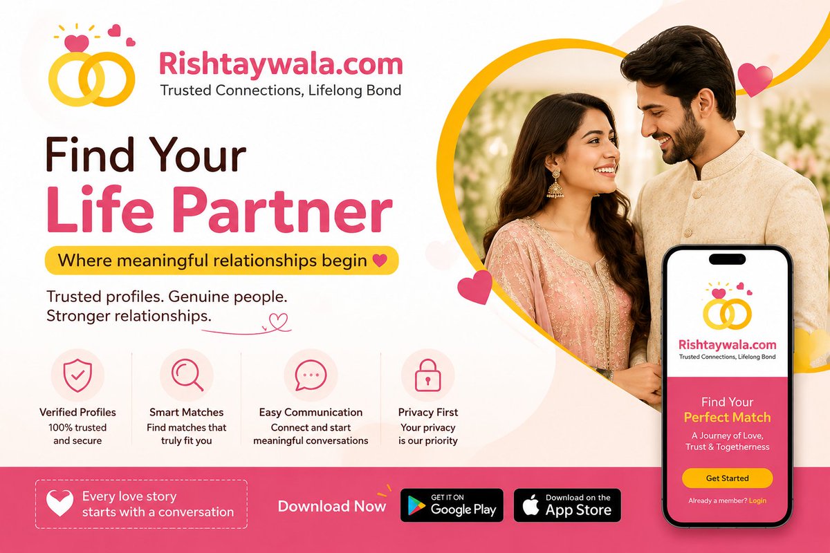 rishtaywala_com's tweet photo. Some connections are worth waiting for. β€οΈ
Meet verified people, discover meaningful matches, and begin a journey built on trust with #Rishtaywala.
π² Android: https://t.co/IShaNyExLd
π iOS: https://t.co/kYpTHIb9jL
#Marriage #Matrimony #FindLove #IndianWedding #PerfectMatch https://t.co/8DhIKuAqgH