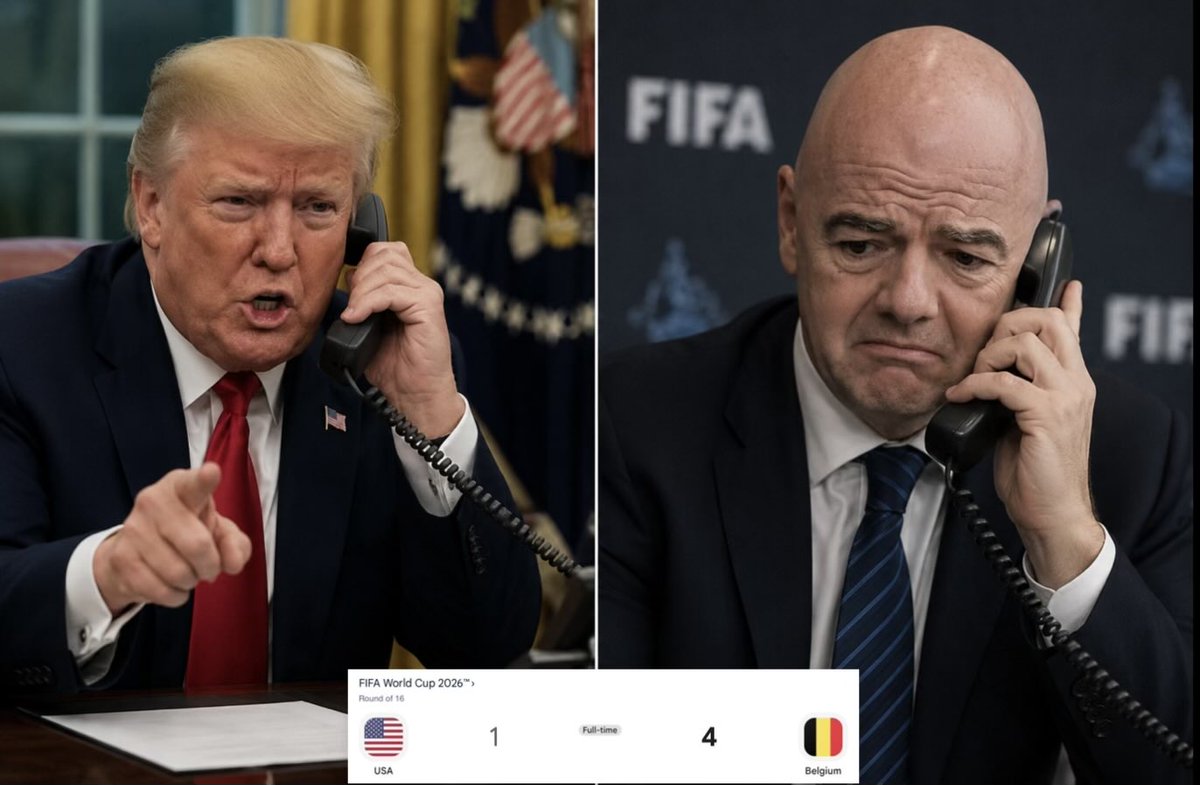 imickail's tweet photo. BREAKING:
Donald Trump demands FIFA to “suspend” the count of Belgium’s 4 goals, so that USA can be considered the winner of the game.

 #usabel https://t.co/7B126whBtr