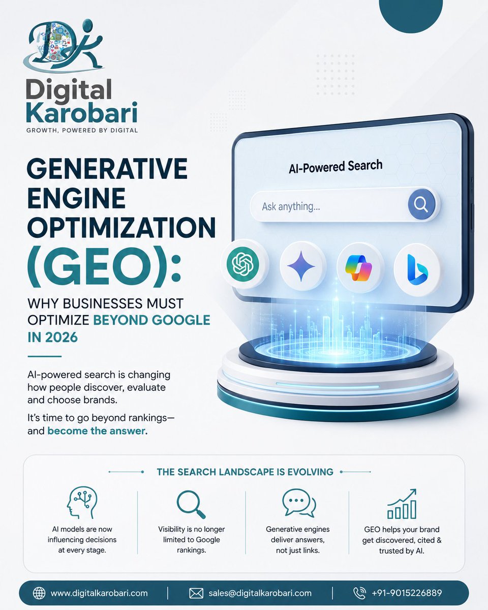 DigitalKarobari's tweet photo. 🚀 Generative Engine Optimization (GEO): The Future of Digital Visibility Starts Here
#GenerativeEngineOptimization #GEO #AISEO #SEO2026 #AIOptimization #DigitalMarketing #SearchMarketing #AIVisibility #ChatGPTSEO #GoogleSEO #GeminiAI #PerplexityAI #MicrosoftCopilot #EntitySEO https://t.co/33eW0Up7t1