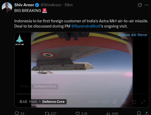 JaidevJamwal's tweet photo. Heard from good sources during #OpSindoor that atleast one PAF JF-17 (or J-10) was shot down by an Astra. I guess the news reached Indonesians and a few others too.

https://t.co/6aSu17akva https://t.co/ELJ1v6jraJ