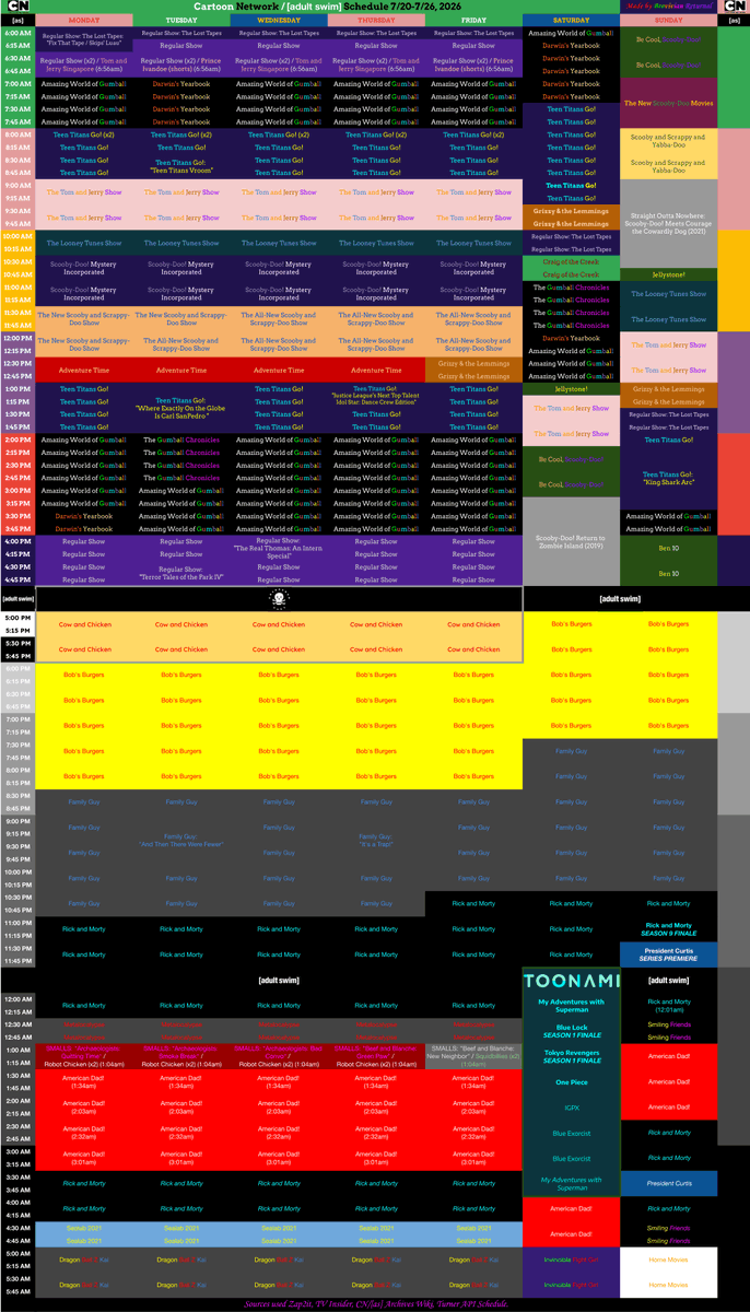 BFBBBroReturns's tweet photo. Cartoon Network / [adult swim] Schedule 7/20-7/26, 2026:

#cartoonnetwork #adultswim #toonami #checkeredpast #schedulegrid https://t.co/PuRbYWASnM