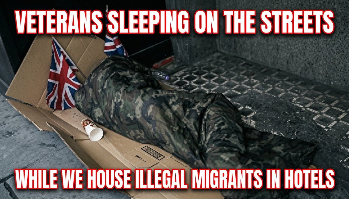 HarryLines7's tweet photo. 🚨 We have veterans sleeping on our streets… while we house invaders in hotels.

Thousands of British veterans are homeless or at risk of homelessness right now. Many served this country with honour, yet they’re left on the streets.

Meanwhile, we’re spending over £20 MILLION every week just to put illegal migrants up in hotels.

This is backwards.
This is a national disgrace.
Our own people who fought for Britain should come firs…. not foreign nationals who are invading.

Enough.
Secure our borders. Mass deportations. Millions Must Go.
Protect British veterans and British communities first.
Britain for the British.
🫡🇬🇧 #RestoreBritain @RupertLowe10