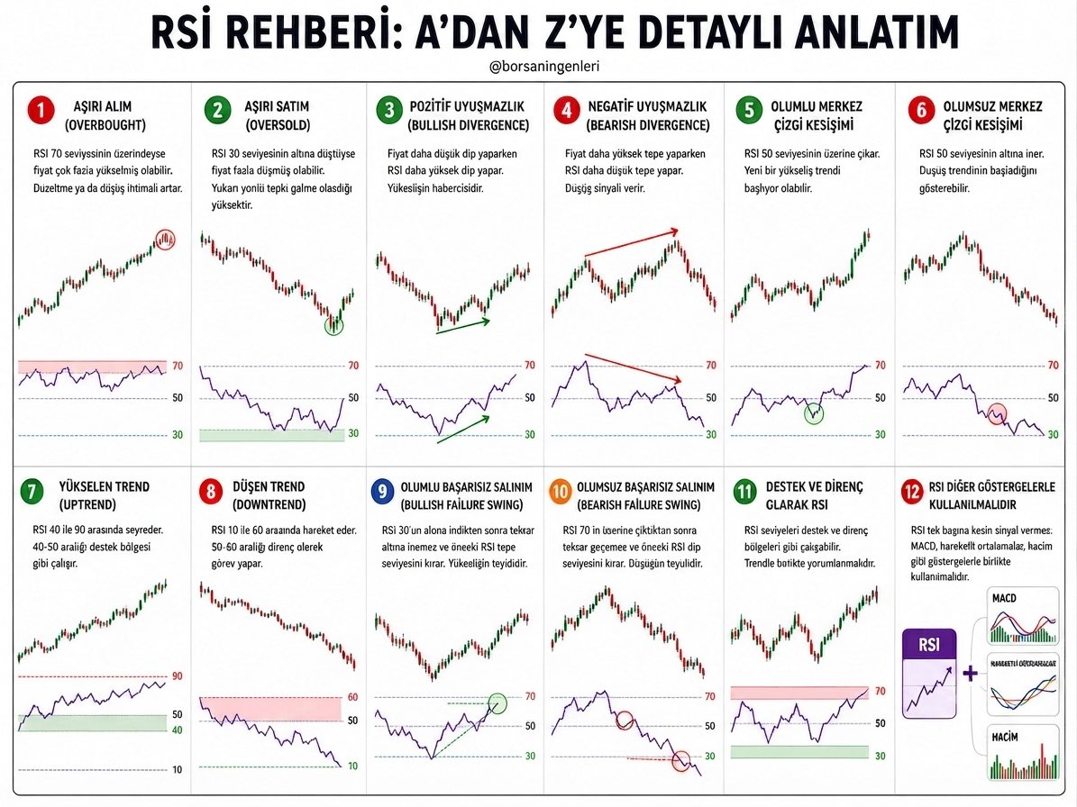 borsaningenleri's tweet photo. RSİ REHBERİ: A’DAN Z’YE DETAYLI ANLATIM

🟢AŞIRI ALIM (OVERBOUGHT)
RSI’ın 70 seviyesinin üzerine çıkması, fiyatın kısa sürede fazla yükseldiğine işaret edebilir. Bu durum alıcıların zayıflamaya başladığını ve düzeltme ya da geri çekilme ihtimalinin arttığını gösterir. Tek başına satış sinyali değildir, diğer göstergelerle birlikte değerlendirilmelidir.

🔴AŞIRI SATIM (OVERSOLD)
RSI’ın 30 seviyesinin altına inmesi, fiyatın aşırı satış baskısı altında kaldığını gösterebilir. Bu bölgede tepki alımları görülebilir ve yukarı yönlü hareket ihtimali artabilir. Ancak mutlaka teyit aranmalıdır.

🟡POZİTİF UYUŞMAZLIK (BULLISH DIVERGENCE)
Fiyat daha düşük dip yaparken RSI daha yüksek dip oluşturuyorsa satış baskısının azaldığı anlaşılır. Bu görünüm olası bir yükseliş dönüşünün en önemli sinyallerinden biridir.

🟠NEGATİF UYUŞMAZLIK (BEARISH DIVERGENCE)
Fiyat yeni zirveler yapmasına rağmen RSI daha düşük zirve oluşturuyorsa yükseliş gücü zayıflıyor olabilir. Bu durum düzeltme veya düşüş ihtimalinin arttığını gösterir.

🔵OLUMLU MERKEZ ÇİZGİ KESİŞİMİ
RSI’ın 50 seviyesinin üzerine çıkması alıcıların güç kazandığını gösterir. Yükseliş trendinin devam edebileceğine dair önemli bir işarettir.

🌒OLUMSUZ MERKEZ ÇİZGİ KESİŞİMİ
RSI’ın 50 seviyesinin altına düşmesi satıcıların kontrolü ele aldığını gösterebilir. Düşüş trendinin güçlenme ihtimali artar.

🌕YÜKSELEN TREND (UPTREND)
Güçlü yükseliş trendlerinde RSI genellikle 40-90 bandında hareket eder. 40-50 aralığı çoğu zaman destek görevi görür ve RSI bu bölgeden yeniden yukarı dönebilir.

🟣DÜŞEN TREND (DOWNTREND)
Düşüş trendlerinde RSI çoğunlukla 10-60 bandında hareket eder. 50-60 aralığı direnç olarak çalışabilir ve bu seviyeden tekrar aşağı yönlü hareket başlayabilir.

🟤OLUMLU BAŞARISIZ SALINIM (BULLISH FAILURE SWING)
RSI 30 seviyesinin altına indikten sonra tekrar aynı seviyenin altına sarkamaz ve önceki tepesini aşarsa yükselişin güç kazandığı kabul edilir. Oldukça güçlü bir dönüş sinyalidir.

🌑OLUMSUZ BAŞARISIZ SALINIM (BEARISH FAILURE SWING)
RSI 70 seviyesinin üzerine çıktıktan sonra yeniden bu seviyeyi geçemez ve önceki dip seviyesinin altına iner. Bu görünüm düşüşün teyit edildiğine işaret eder.

🚨ÖNEMLİ NOT
RSI tek başına kesin alım veya satım sinyali üretmez. En doğru sonuçlar; trend analizi, destek-direnç seviyeleri, hacim, hareketli ortalamalar ve MACD gibi teknik göstergelerle birlikte kullanıldığında elde edilir.

#SSAAT #GOLDA #SARAE #SOHOE #EKIME #ISVEA #BETAE #BESTE 

@borsaningenleri