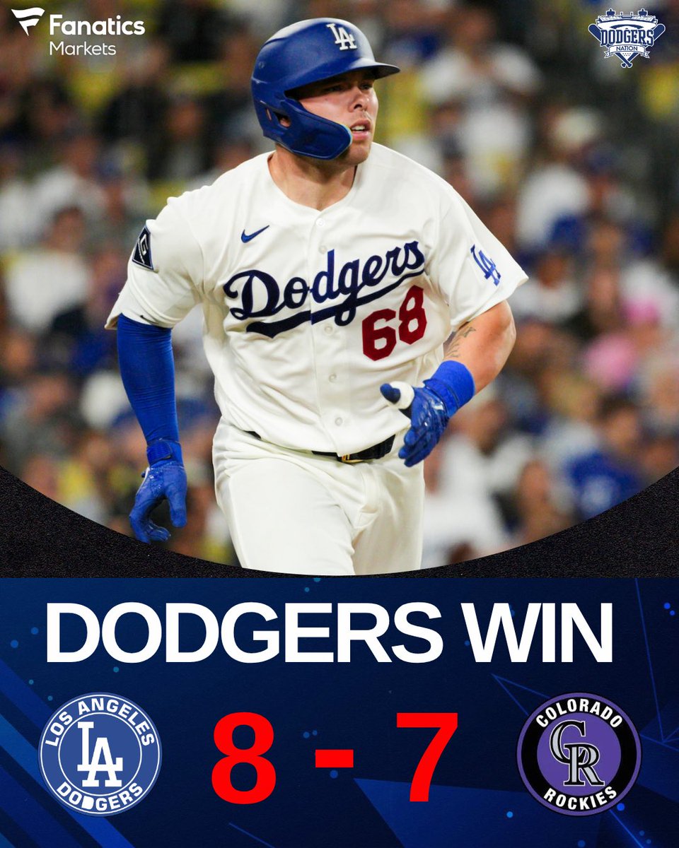 DodgersNation's tweet photo. FINAL: The Dodgers beat the Rockies 8-7 to in the 11th inning 🔥

Dalton Rushing walked it off, Shohei Ohtani hit a home run, Eric Lauer put together 6 solid innings and LA improves to 60-32.

LET’S GO! https://t.co/RfnYvQxxhr