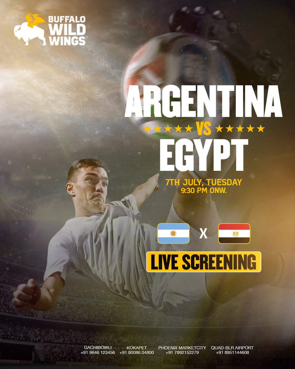 Bwwingsindia's tweet photo. Argentina vs Egypt is LIVE on the big screens.
Bring your squad, enjoy bold wings, refreshing drinks, and soak in every moment of the match.
.
#bww #livescreening #buffalowildwings #bdubs #matchday #gameon https://t.co/oaIu0O5Z9a