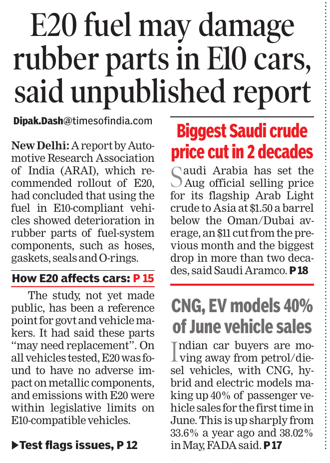 dipakdashTOI's tweet photo. My report in @timesofindia on findings of report that recommended E20 blending, yet to be made public. It mentions: 1 E10 compliant car engine of an OEM tested for 400 hrs &amp; in 2nd case, E10 car engine(s) were tested for 809 hrs. Usually test should be for 2,000 hrs, experts said https://t.co/s3e8EmUSjL