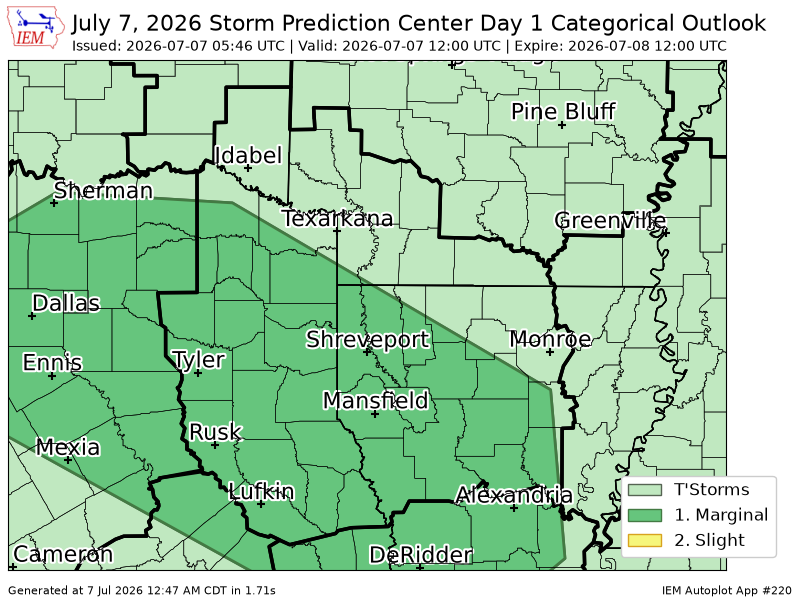 SHVWXBOT's tweet photo. #SPC issues Day 1 Marginal Convective Risk at Jul 7, 5:46z for SHV https://t.co/Z6gAifo4vf https://t.co/Vc5vYfIJvp