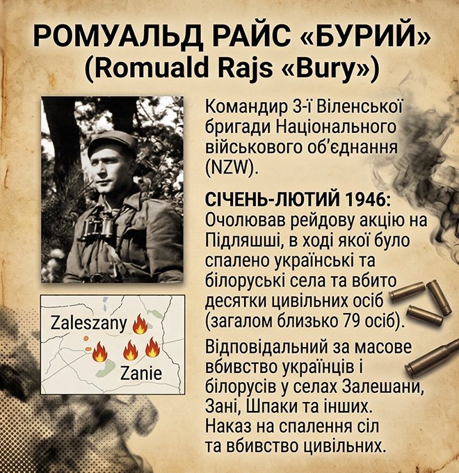 viktor_resore's tweet photo. Ромуальд Райс (псевдо «Бурий») - командир підрозділу Національного військового об'єднання (NZW).
Каральні рейди на Підляшші (січень–лютий 1946 року)
Загін Райса винищив селян у Залешанах, Шпаках, Занях. Жертви обирались за ознакою православне віросповідання та мова. https://t.co/gN1lZJZ8Ly