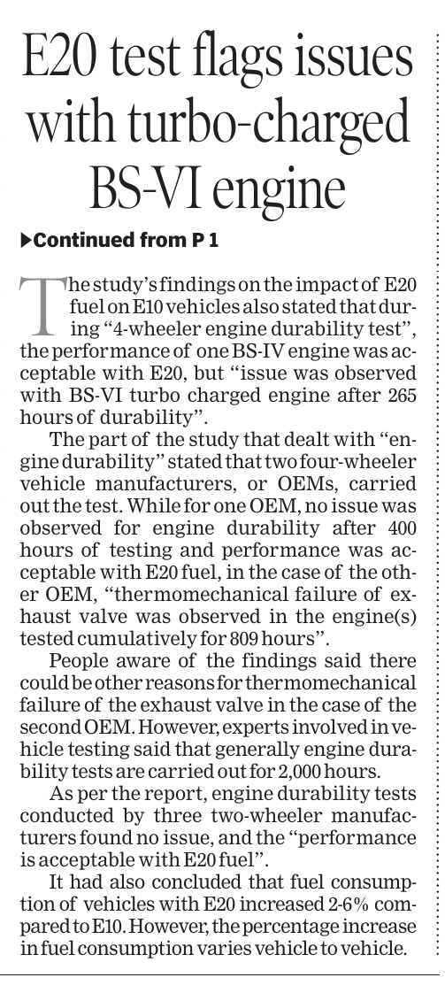 dipakdashTOI's tweet photo. My report in @timesofindia on findings of report that recommended E20 blending, yet to be made public. It mentions: 1 E10 compliant car engine of an OEM tested for 400 hrs &amp; in 2nd case, E10 car engine(s) were tested for 809 hrs. Usually test should be for 2,000 hrs, experts said https://t.co/s3e8EmUSjL