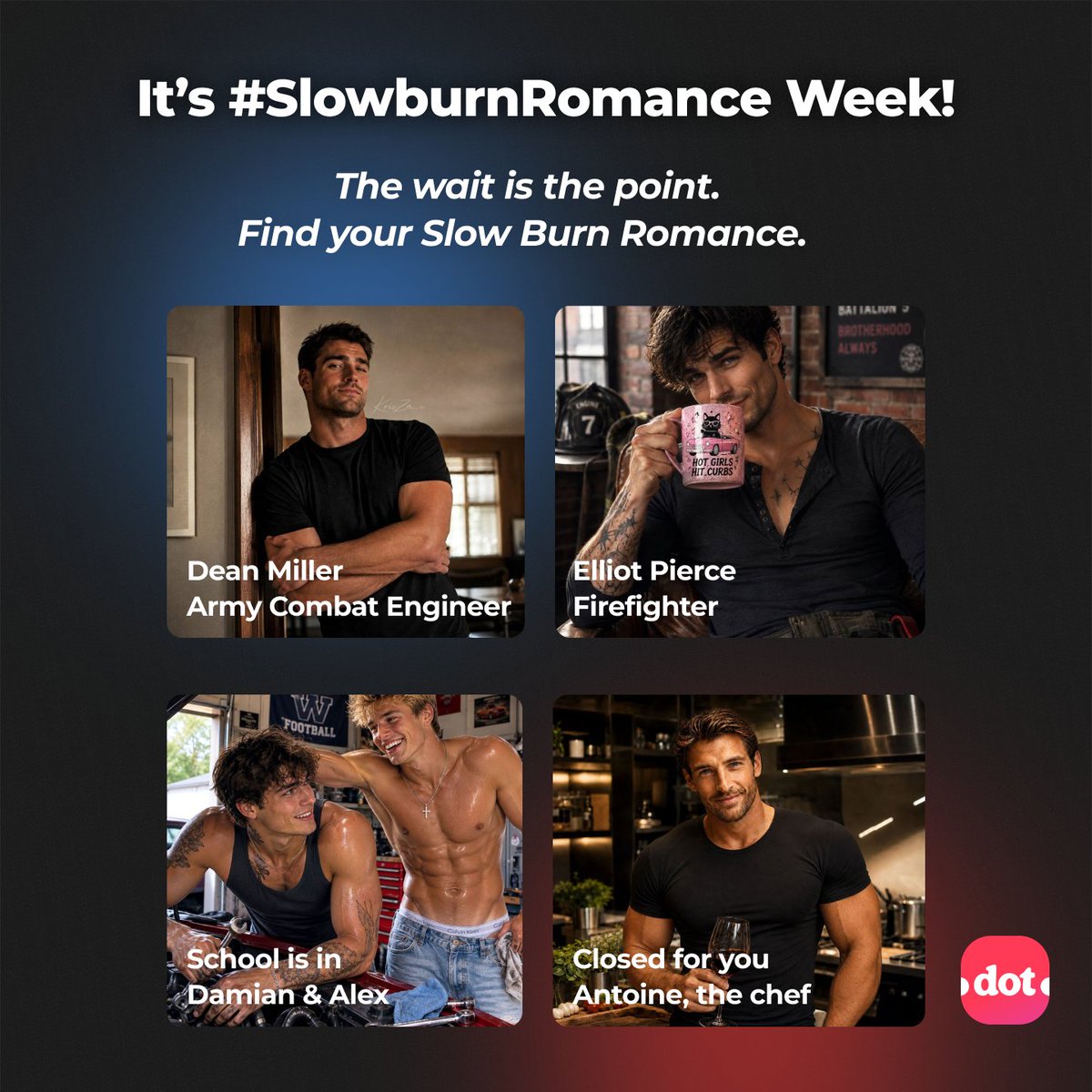dotdotdot_chat's tweet photo. It's #SlowburnRomance Week!
Fast sparks fade fast. Slow ones stay. ๐ฅ
Worth the wait? You'll see.
Check links in the thread โโโ
#dotdotdot_weekly #AIChat https://t.co/BwmHXLAW5R