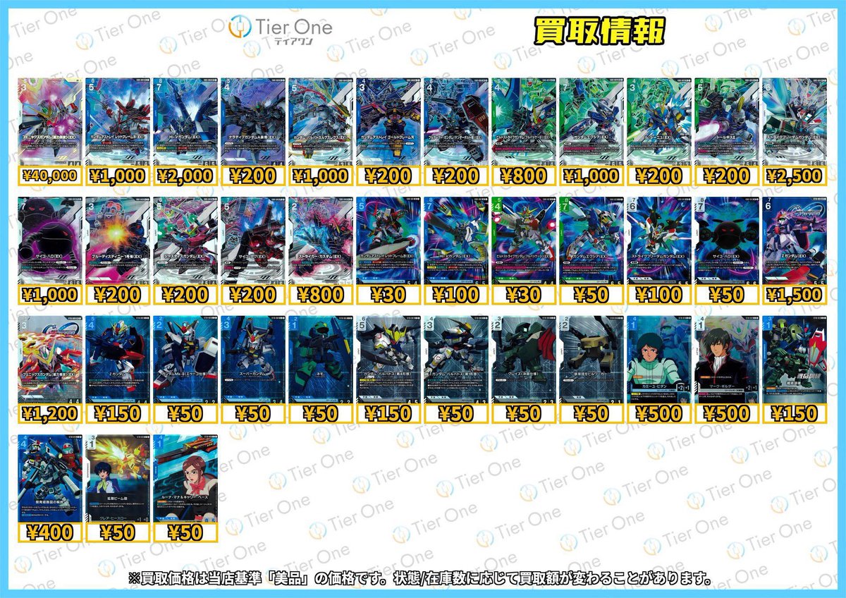 TierOneHama's tweet photo. 【#ガンダムカードゲーム 買取情報】
最新弾『#EternalNexus』
最新ST『#GenerationPulse』
買取表作成しました‼️
ご来店お待ちしております🙇♀️
※買取価格は2026年7月7日 開店時点での価格です。在庫状況や商品の状態によって買取額が変動する場合がございます。
#ガンダム
#GCG
#ティアワン
#浜松
