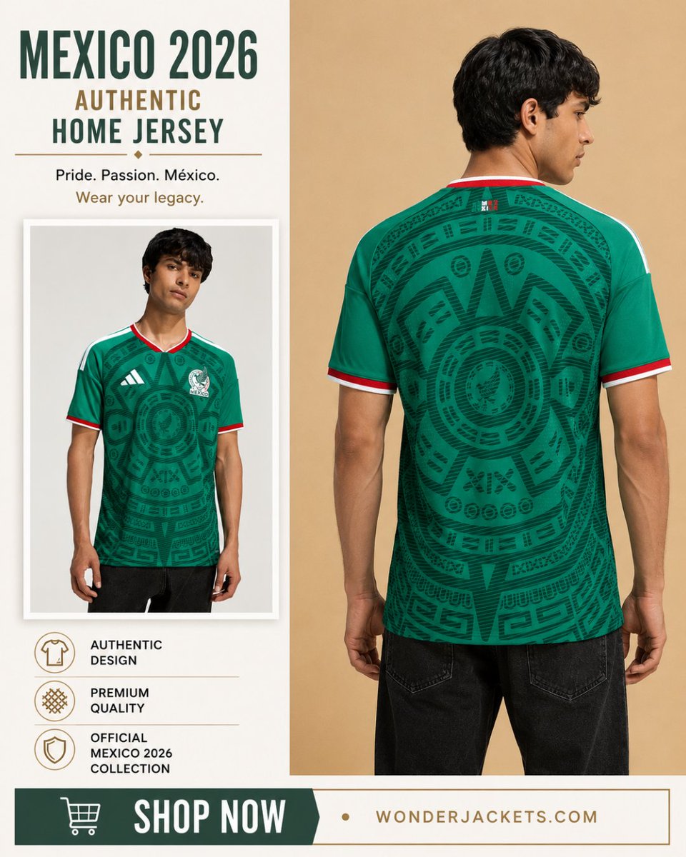 wonder_jackets's tweet photo. 🇲🇽 Ready for the biggest football tournament? Gear up with the Mexico 2026 Authentic Home Jersey and represent El Tri with pride. Premium quality, authentic design, and built for every passionate supporter.

#Mexico2026 #ElTri #WorldCup2026 #FootballJersey https://t.co/hjAcsIdnmD