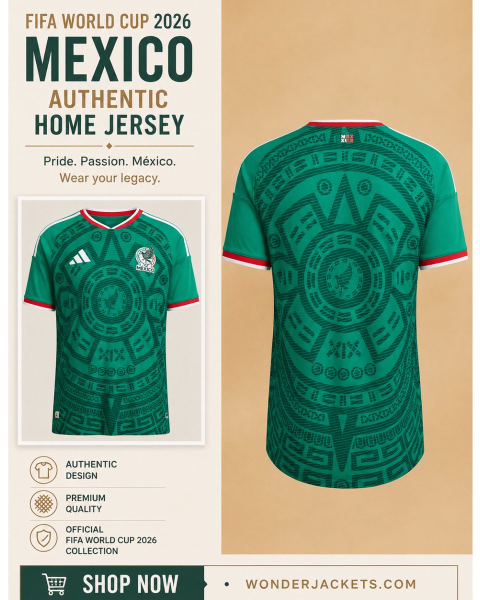 wonder_jackets's tweet photo. 🇲🇽 Ready for the biggest football tournament? Gear up with the Mexico 2026 Authentic Home Jersey and represent El Tri with pride. Premium quality, authentic design, and built for every passionate supporter.

#Mexico2026 #ElTri #WorldCup2026 #FootballJersey https://t.co/hjAcsIdnmD