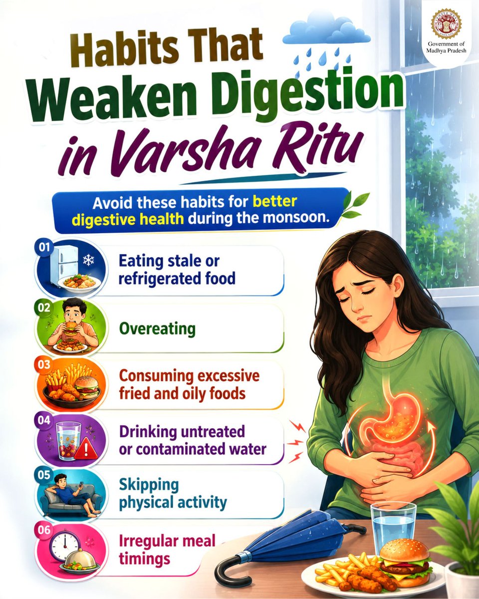 ayush_mp's tweet photo. During Varsha Ritu, healthy digestion is essential for overall well-being.
⚠️Avoid stale food, overeating, excessive oily foods, unsafe water, inactivity, and irregular meal timings.
Choose healthy habits this monsoon.
#MonsoonWellness #AYUSHMP #HealthyLiving https://t.co/qunLDNMZk4