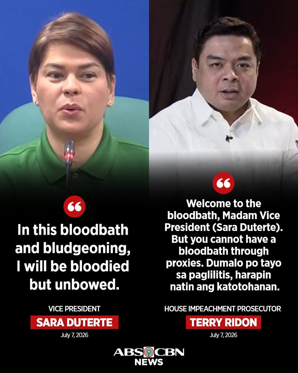 ABSCBNNews's tweet photo. Vice President Sara Duterte is being challenged to personally face what she described as a "bloodbath" in her impeachment trial, instead of appearing through "proxies." #VPOnTrial

For updates: https://t.co/09JxhIFHdc https://t.co/7GFTu7yYs8