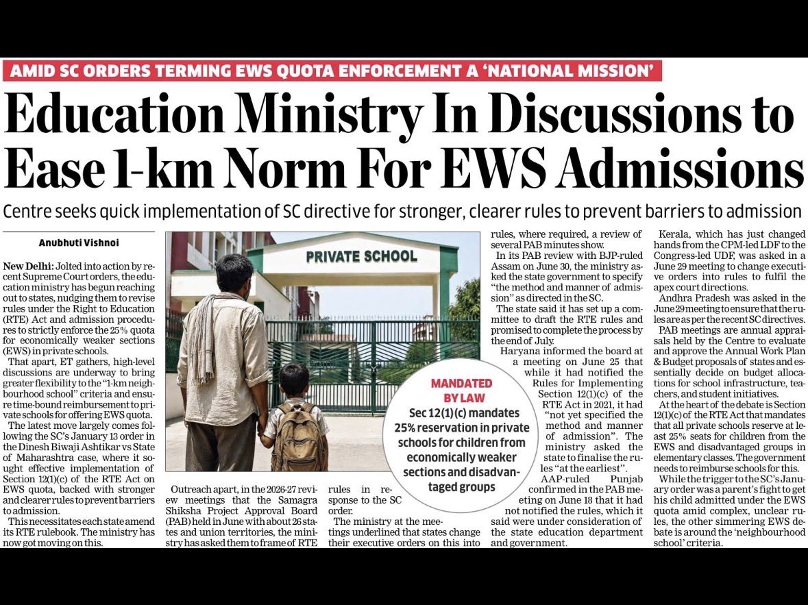 anubhutivishnoi's tweet photo. RTE & the 25% EWS quota in pvt schools 👇🏼

Education ministry asks states to formulate rules, follow latest SC directions on implementation of the EWS quota 

Centre considering greater flexibility to 1km neighbourhood criteria; to push for time bound reimbursement to Pvt schools 

@ETPolitics 

https://t.co/WcKAs2TxHn